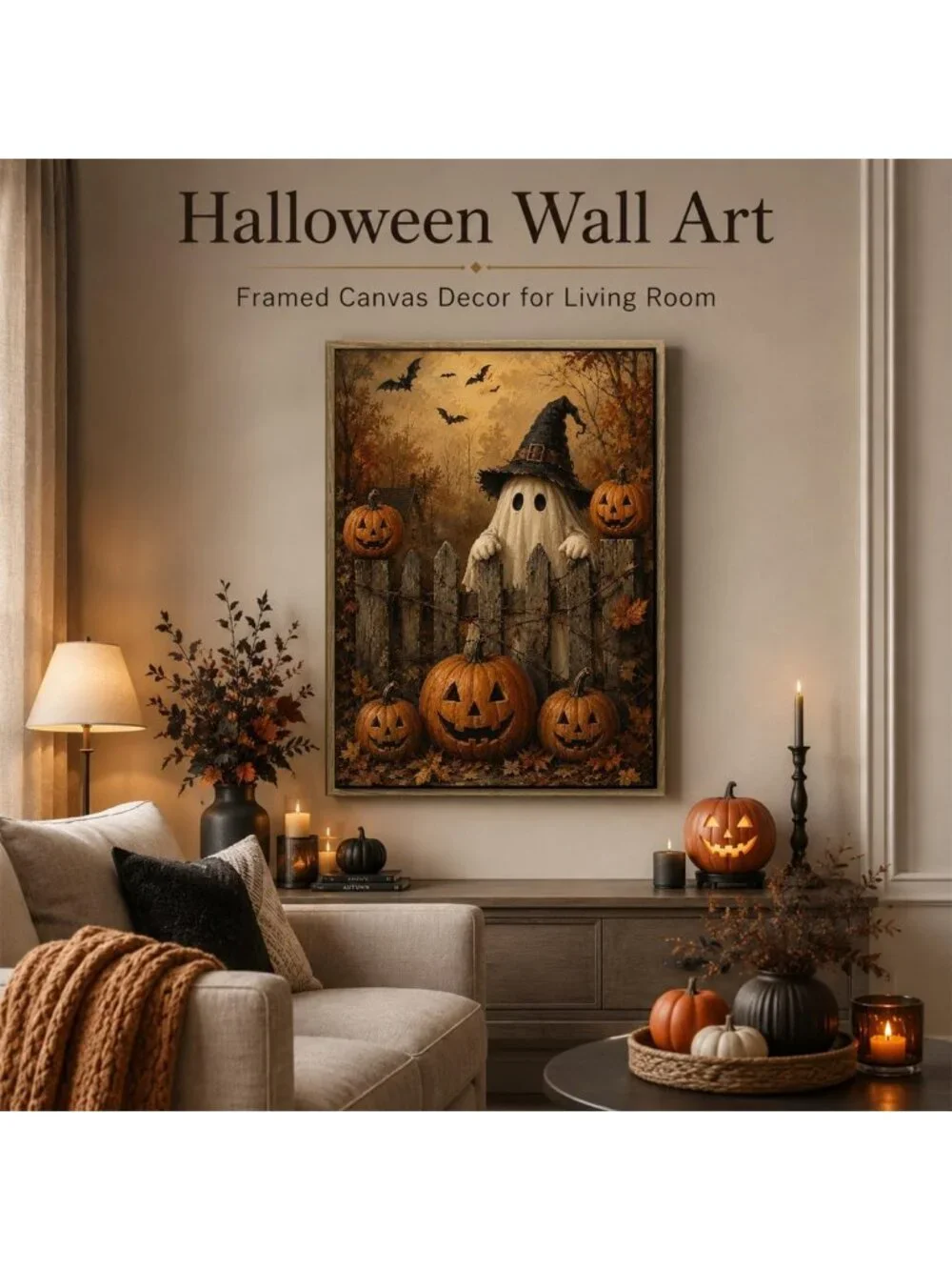Cute Ghost & Pumpkin Halloween Framed Wall Art | Spooky Decor for Home